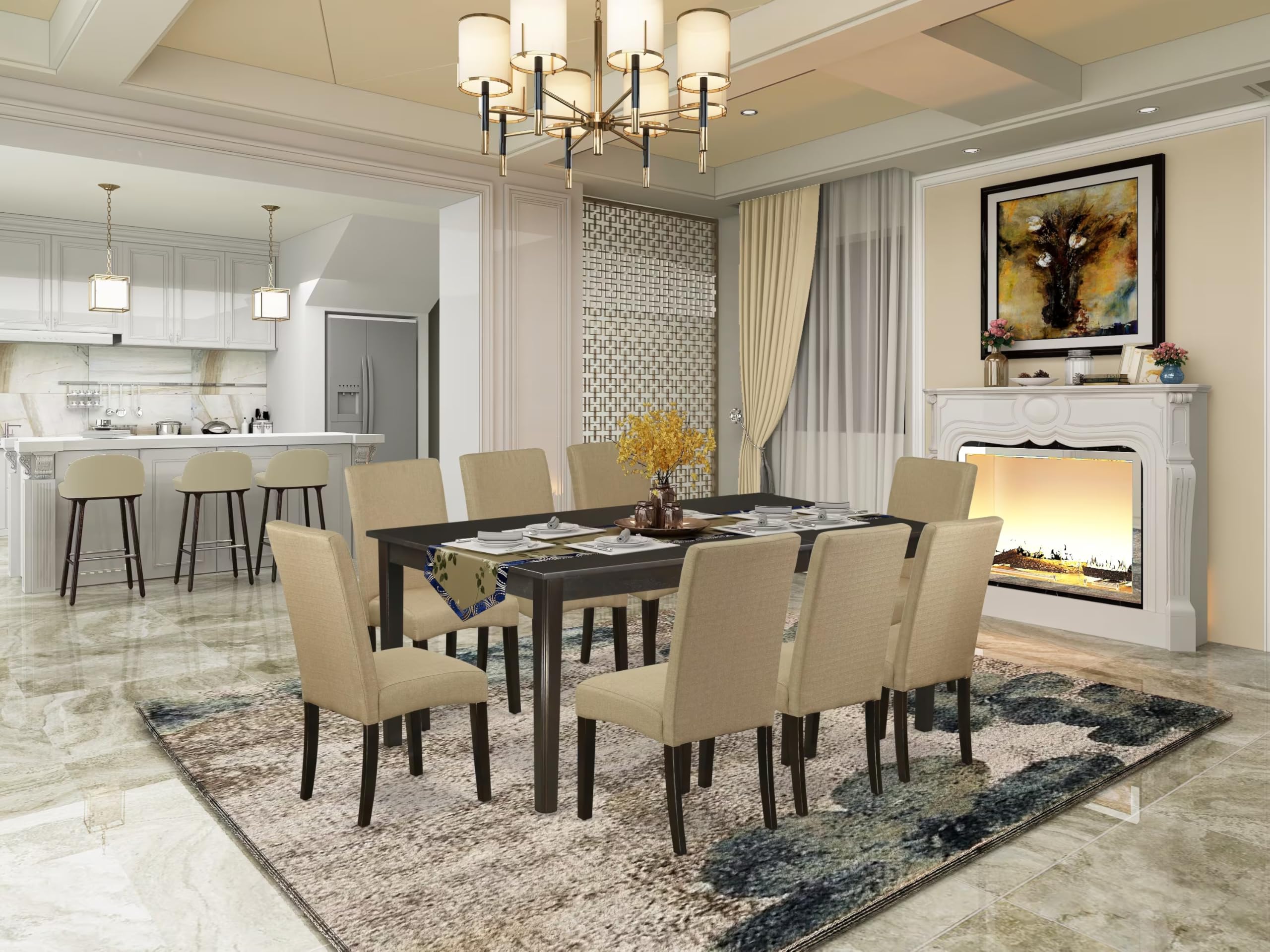 East West Furniture Hedr9-Cap-03 9 Piece Dining Room Table Set Includes A Rectangle Kitchen Table With Pedestal And 8 Brown Linen Fabric Parson Dining Chairs, 42X72 Inch, Cappuccino